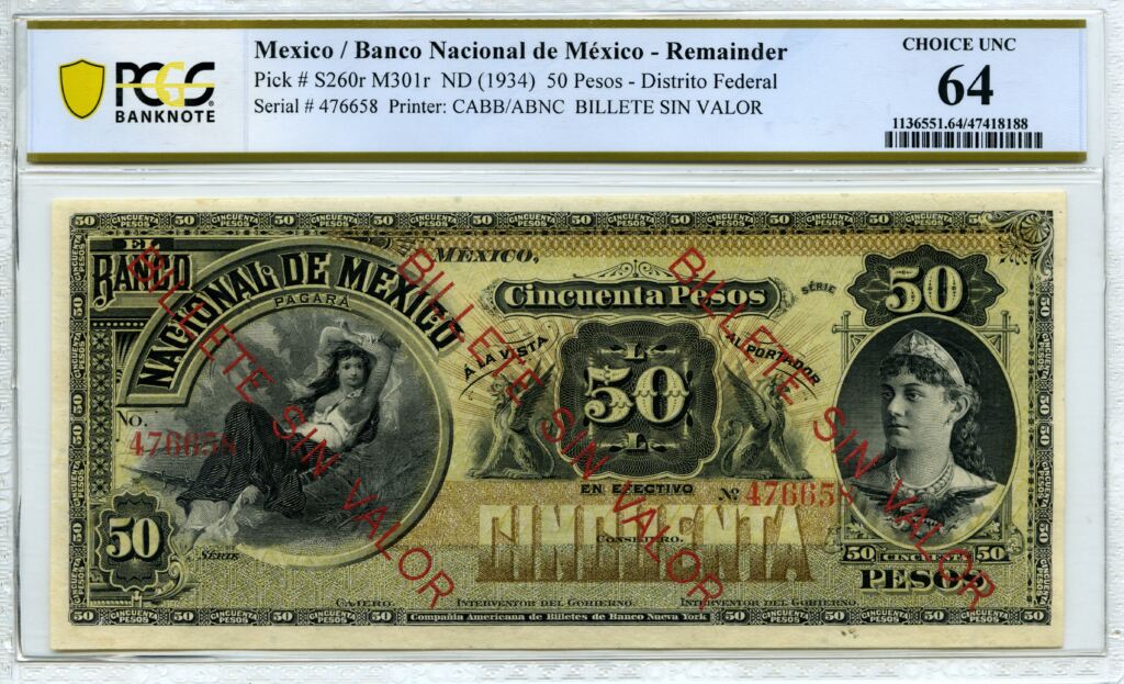 Bancos 50 Pesos ND Distrito Federal M301r PCGS Ch UNC64 f_35554