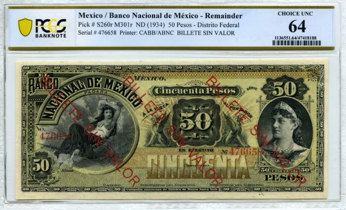 Bancos 50 Pesos ND Distrito Federal M301r PCGS Ch UNC64 f_35554Bancos 50 Pesos ND Distrito Federal M301r PCGS Ch UNC64 f_35554