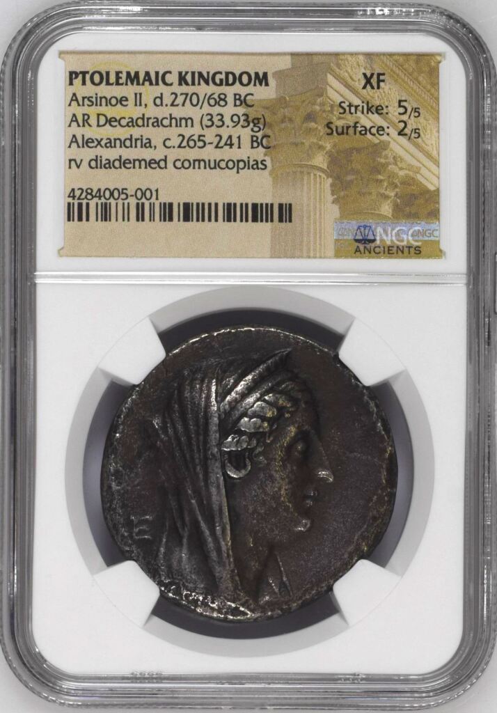 Ancient Coins  Greek  Ptolemaic Kingdom Ptolemaic Kingdom Arsinoe II d.270/68 BC AR Decadrachm NGC XF 0155207 Ptolemaic Kingdom Arsinoe II d.270/68 BC AR Decadrachm NGC XF 0155207