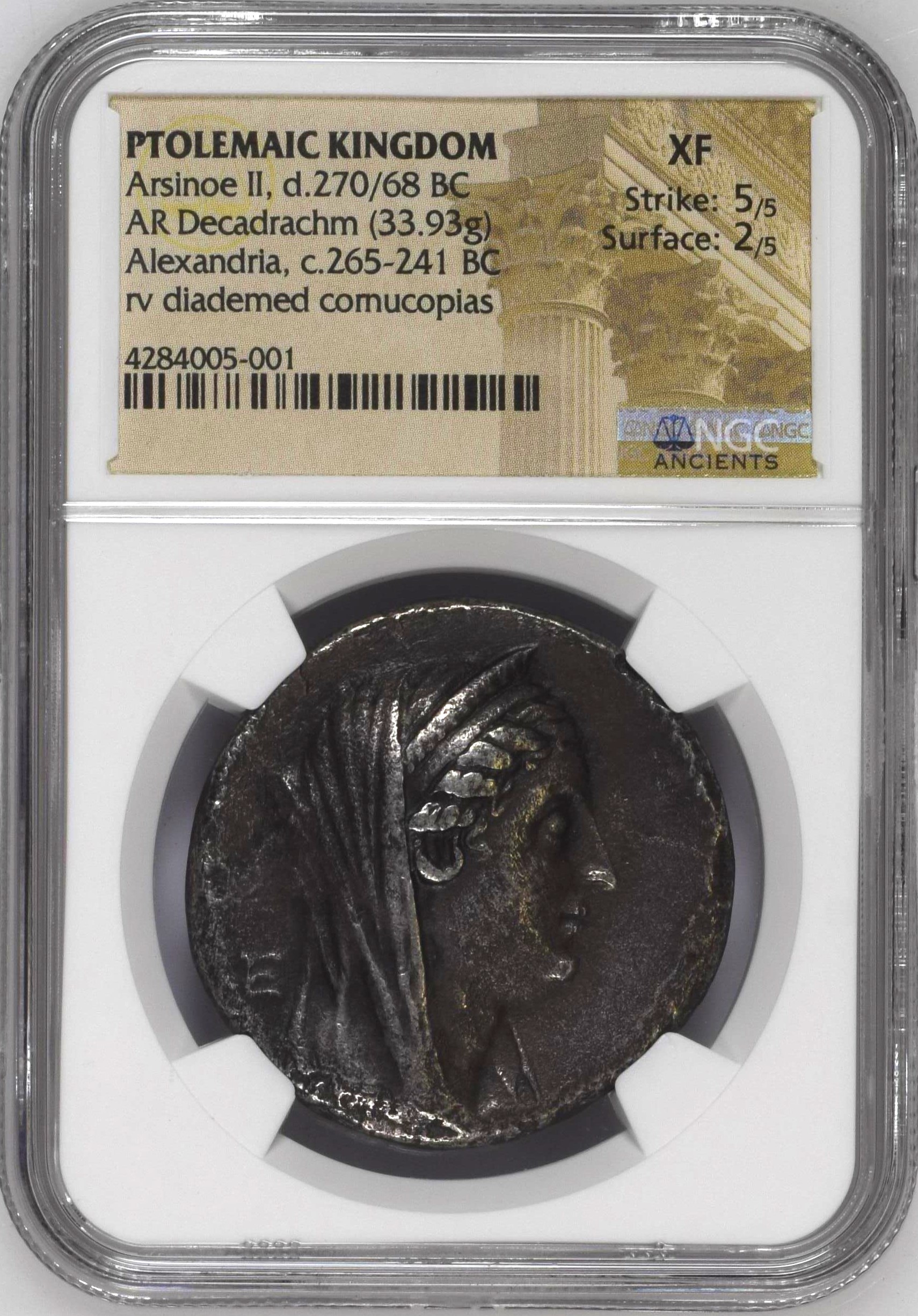 Ancient Coins  Greek  Ptolemaic Kingdom Ptolemaic Kingdom Arsinoe II d.270/68 BC AR Decadrachm NGC XF 0155207 Ptolemaic Kingdom Arsinoe II d.270/68 BC AR Decadrachm NGC XF 0155207