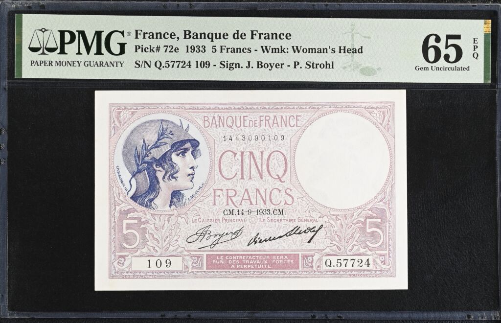France 5 Francs 1933 Pick #72e PMG Gem UNC65 EPQ 0154333