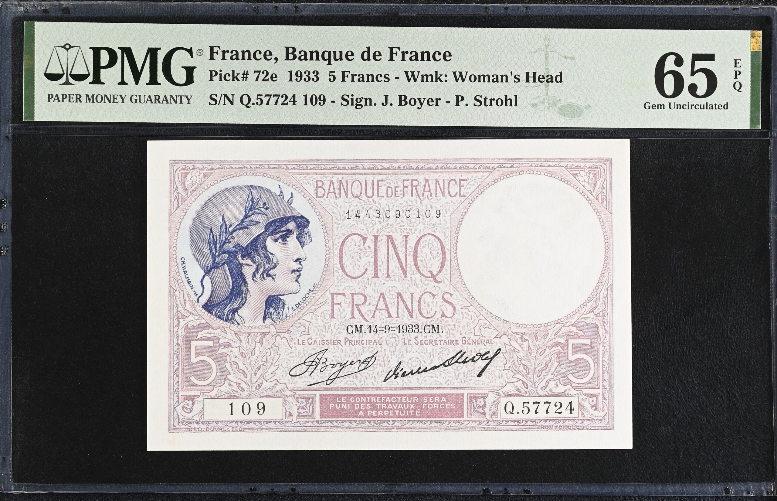 France 5 Francs 1933 Pick #72e PMG Gem UNC65 EPQ 0154333