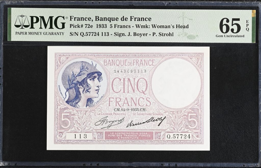 France 5 Francs 1933 Pick #72e PMG Gem UNC65 EPQ 0154334