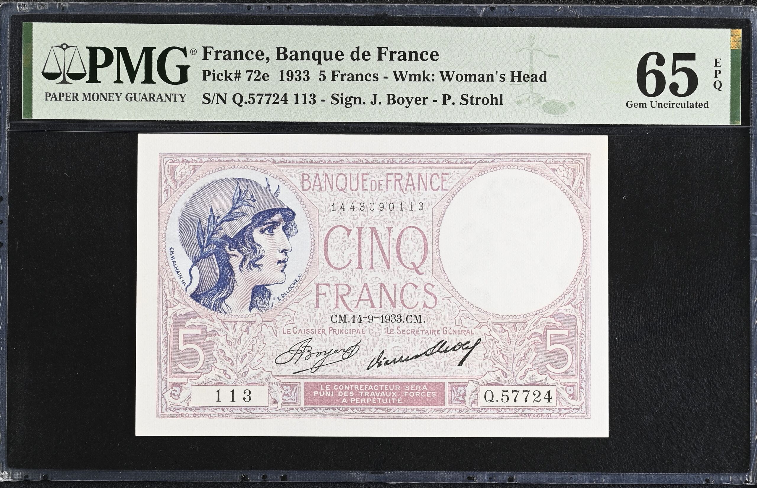 France 5 Francs 1933 Pick #72e PMG Gem UNC65 EPQ 0154334