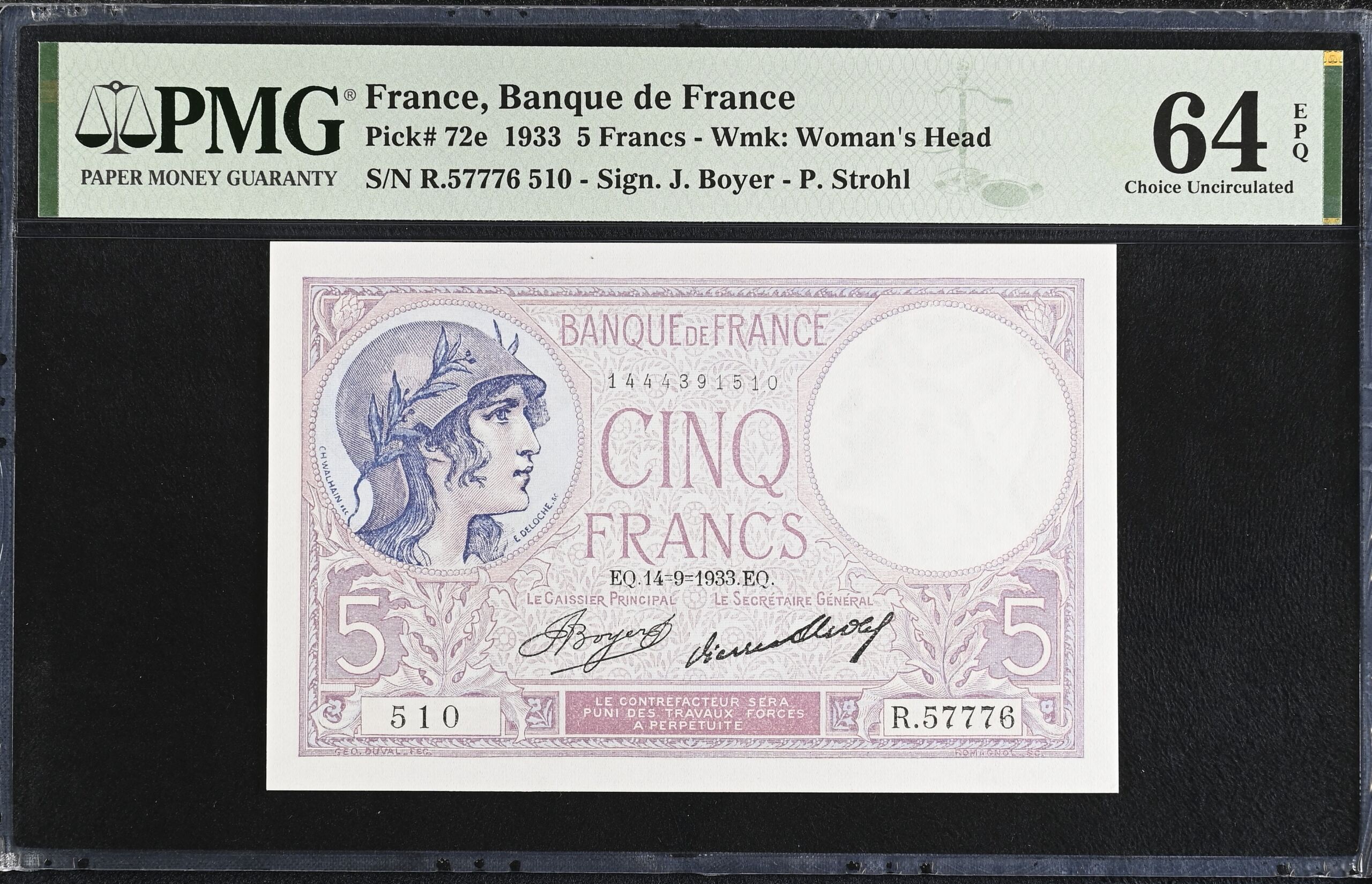 France 5 Francs 1933 Pick #72e PMG Ch UNC64 EPQ 0154336