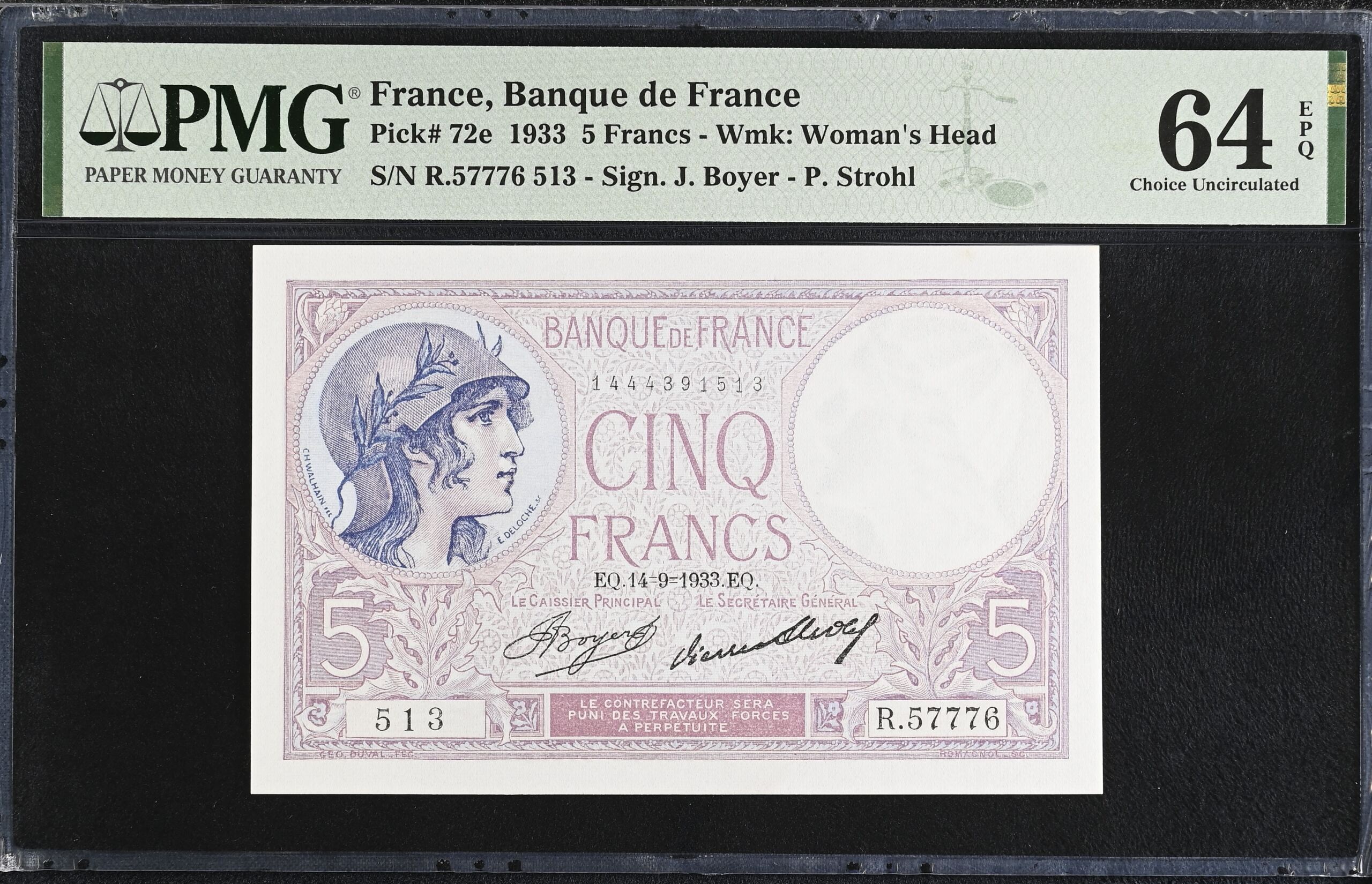 France 5 Francs 1933 Pick #72e PMG Ch UNC64 EPQ 0154337
