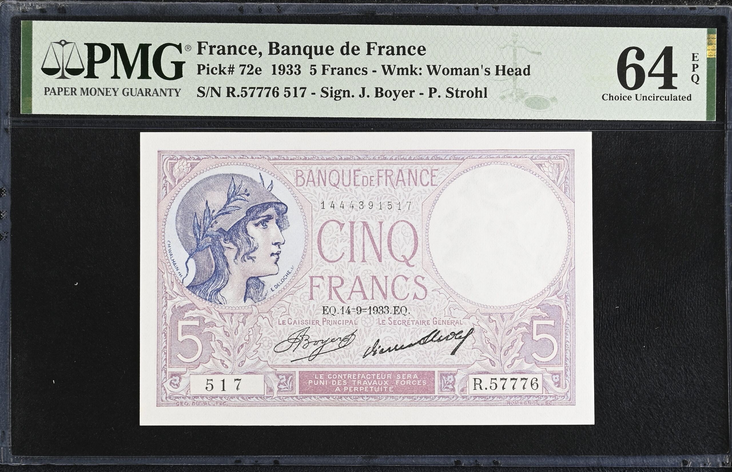 France 5 Francs 1933 Pick #72e PMG Ch UNC64 EPQ 0154338