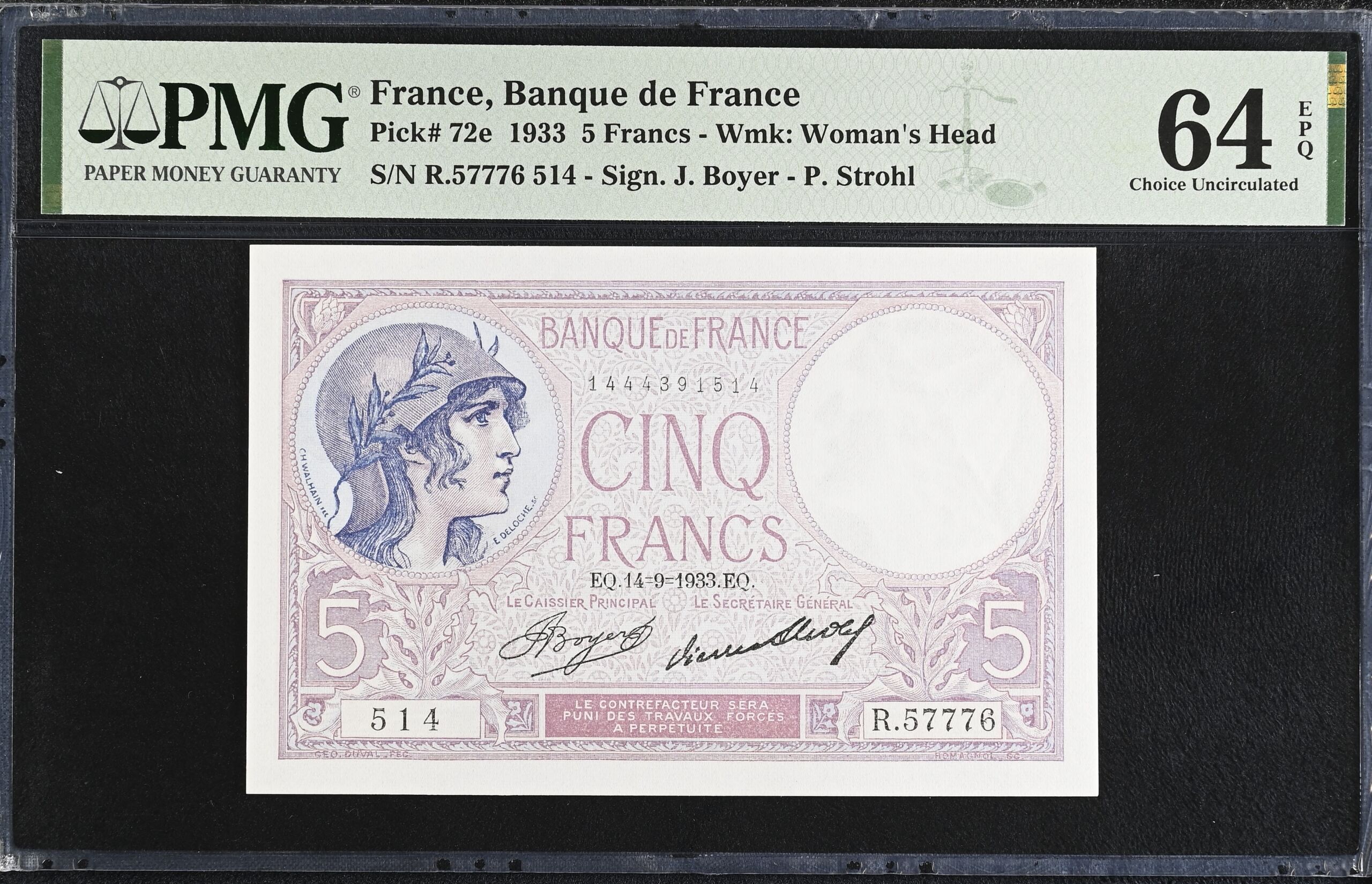 France 5 Francs 1933 Pick #72e PMG Ch UNC64 EPQ 0154339