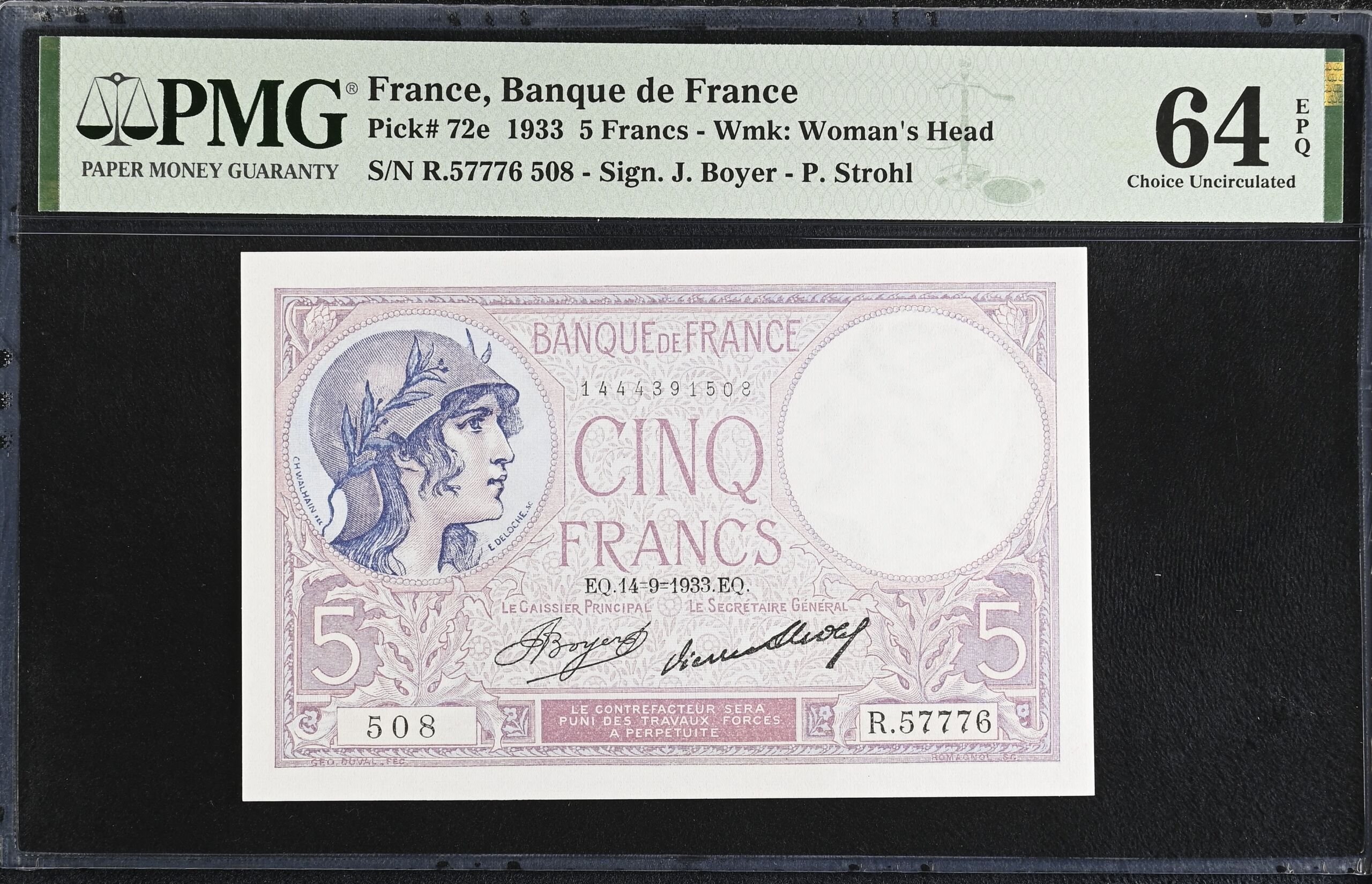 France 5 Francs 1933 Pick #72e PMG Ch UNC64 EPQ 0154340