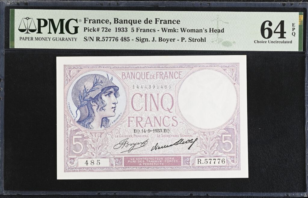 France 5 Francs 1933 Pick #72e PMG Ch UNC64 EPQ 0154341