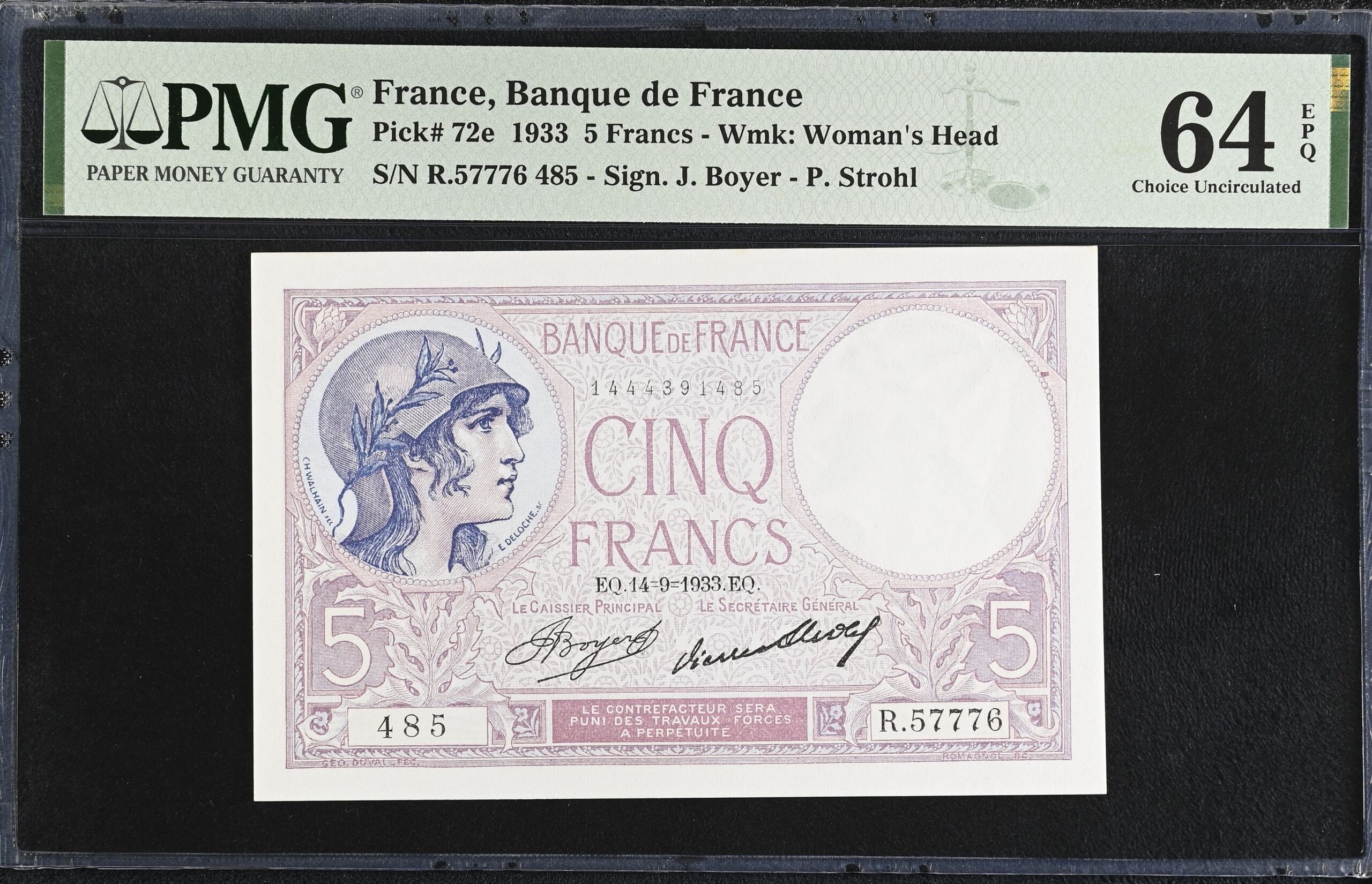 France 5 Francs 1933 Pick #72e PMG Ch UNC64 EPQ 0154341