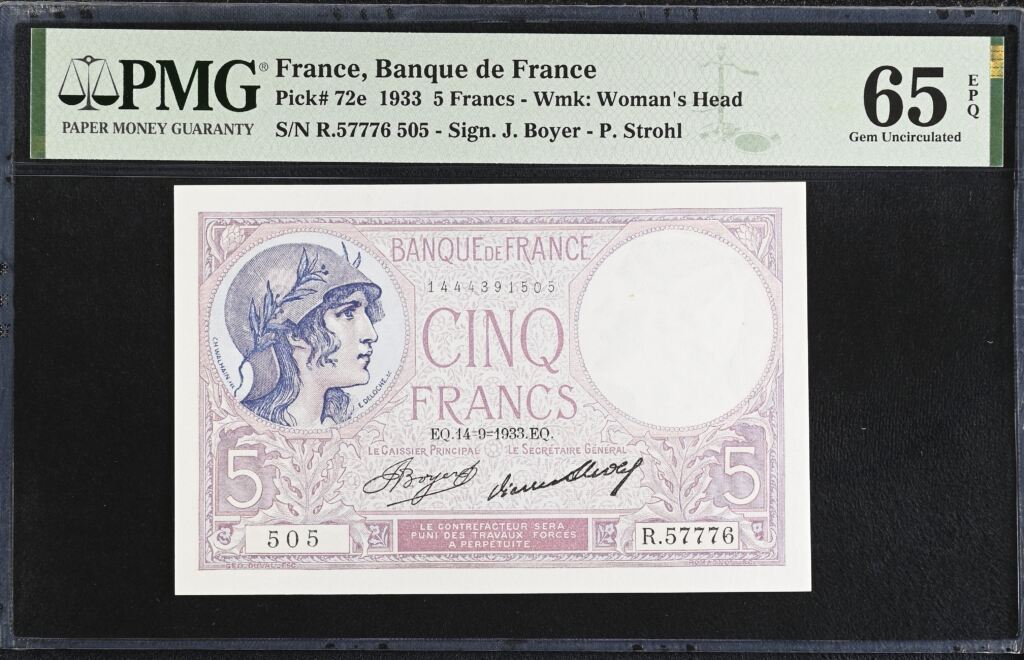 France 5 Francs 1933 Pick #72e PMG Gem UNC65 EPQ 0154342
