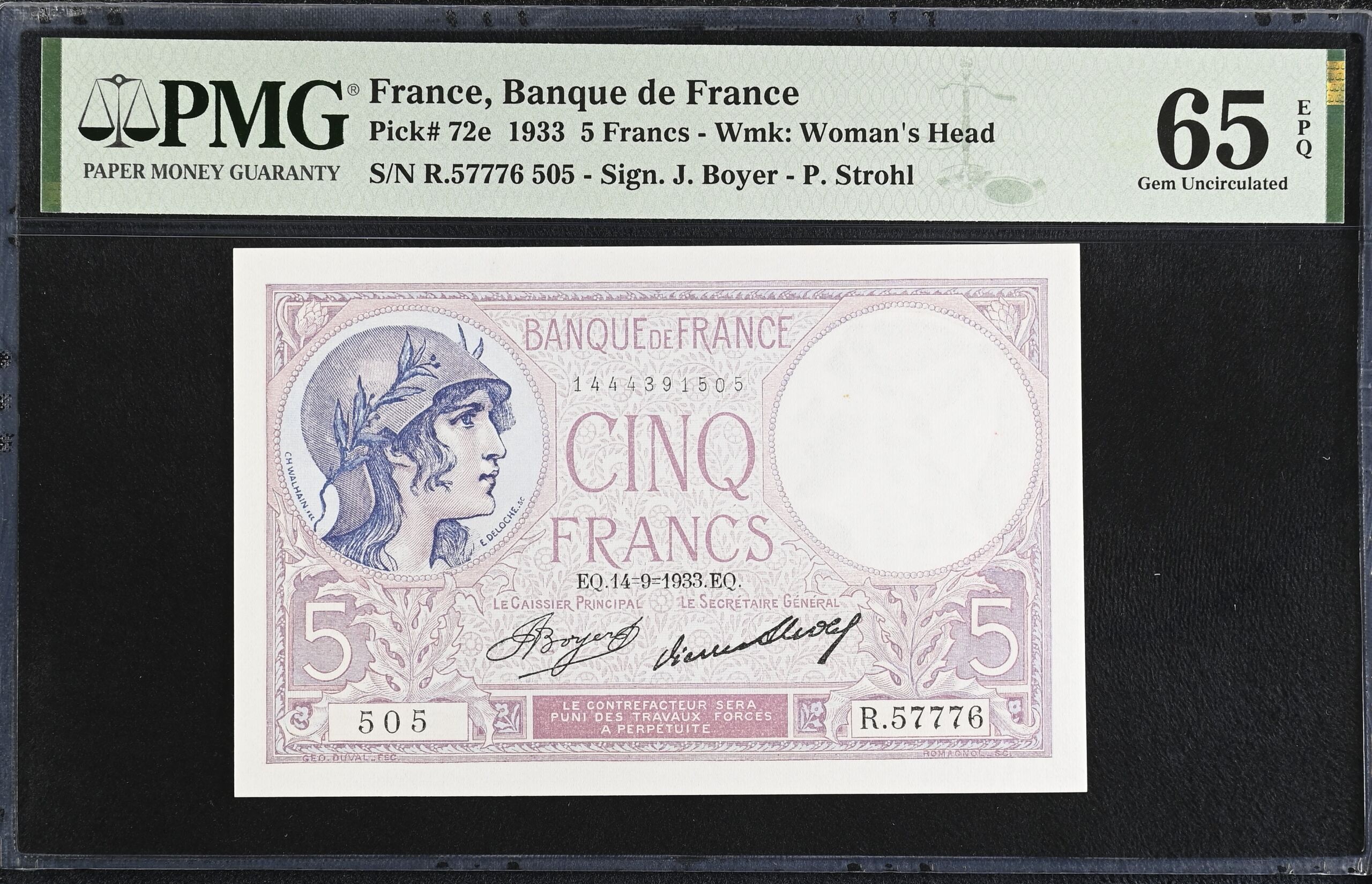 France 5 Francs 1933 Pick #72e PMG Gem UNC65 EPQ 0154342