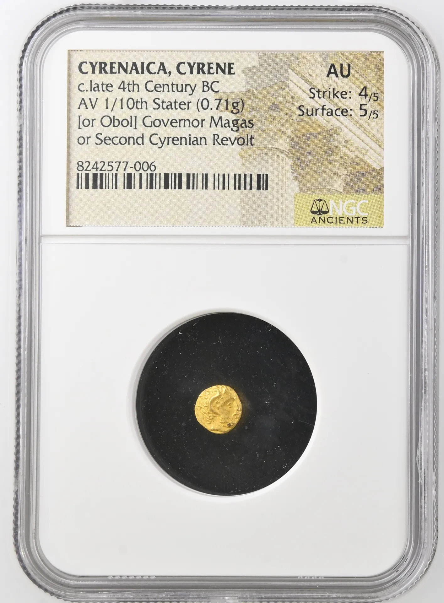 Ancient Coins Cyrenaica Greek Cyrenaica Cyrene c.late 4th Century BC AV 1/10th Stater NGC AU 0155153 Cyrenaica Cyrene c.late 4th Century BC AV 1/10th Stater NGC AU 0155153Cyrenaica Cyrene c.late 4th Century BC AV 1/10th Stater NGC AU 0155153