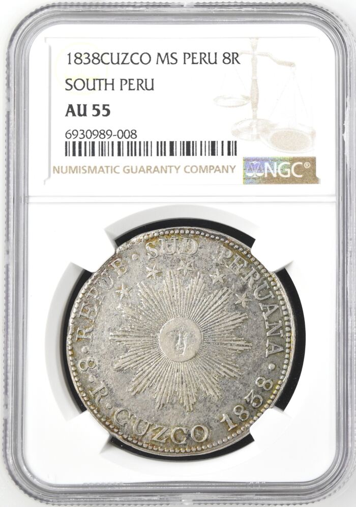 Peru 8 Reales 1838 Cuzco MS NGC AU55 0155240Peru 8 Reales 1838 Cuzco MS NGC AU55 0155240
