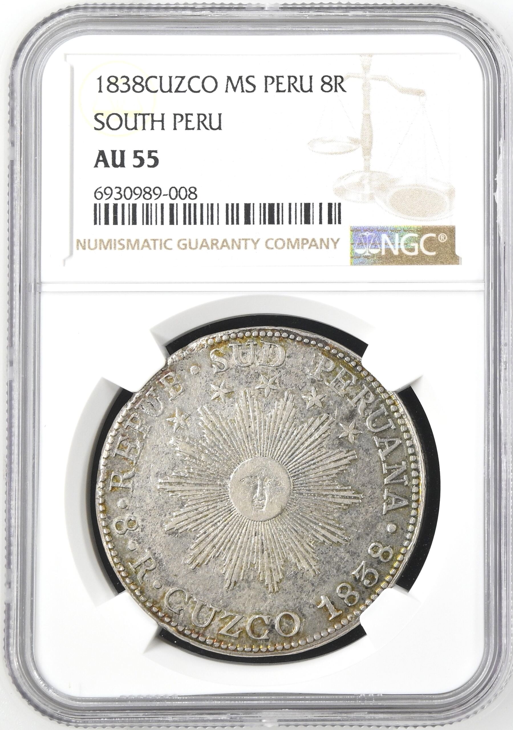 Peru 8 Reales 1838 Cuzco MS NGC AU55 0155240
