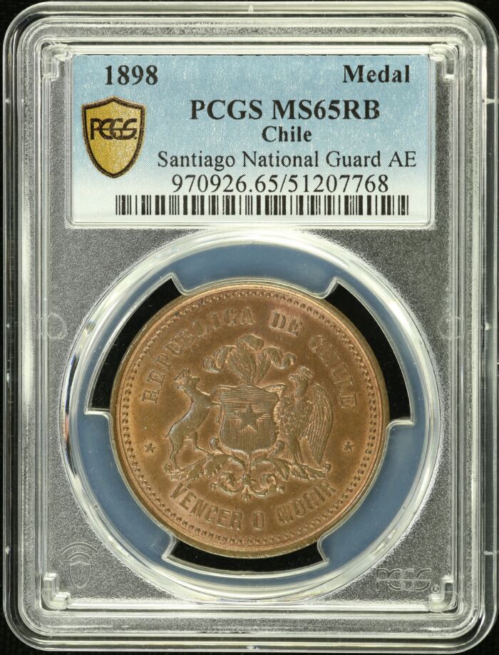 Chile Santiago National Guard Medal 1898 PCGS MS65RB 0155175Chile Santiago National Guard Medal 1898 PCGS MS65RB 0155175