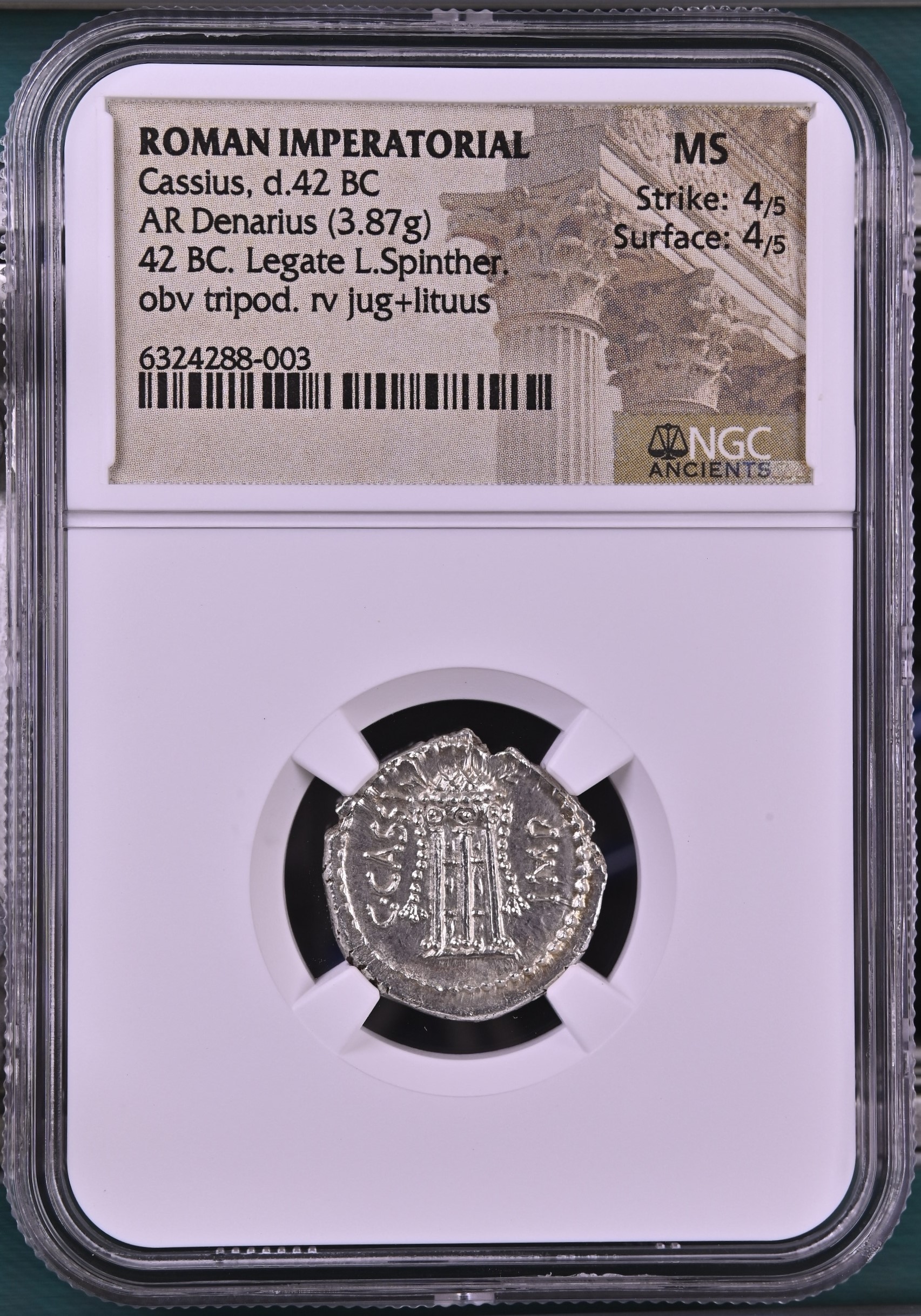 Ancient Coins  Roman Imperatorial Roman Imperatorial Cassius d.42 BC AR Denarius NGC MS 0155208 Roman Imperatorial Cassius d.42 BC AR Denarius NGC MS 0155208Roman Imperatorial Cassius d.42 BC AR Denarius NGC MS 0155208
