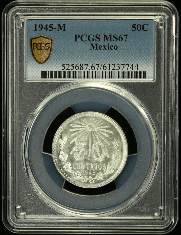 Modern Silver & Minors 50 Centavo 1945 M PCGS MS67 0154325Modern Silver & Minors 50 Centavo 1945 M PCGS MS67 0154325