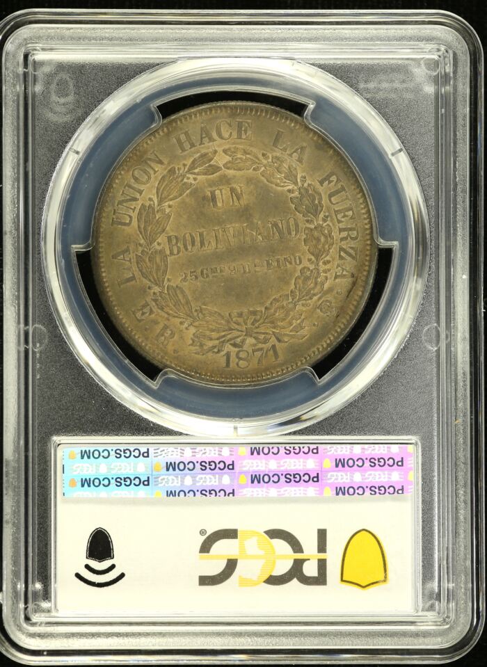 Bolivia Boliviano 1871 Pts ER PCGS AU58 0154596Bolivia Boliviano 1871 Pts ER PCGS AU58 0154596 - Image 2