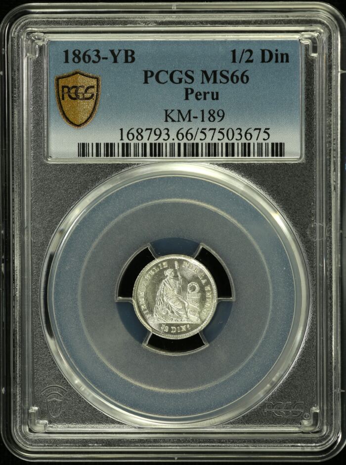 Peru 1/2 Dinero 1863 Lima YB KM-189 PCGS MS66 0153711Peru 1/2 Dinero 1863 Lima YB KM-189 PCGS MS66 0153711