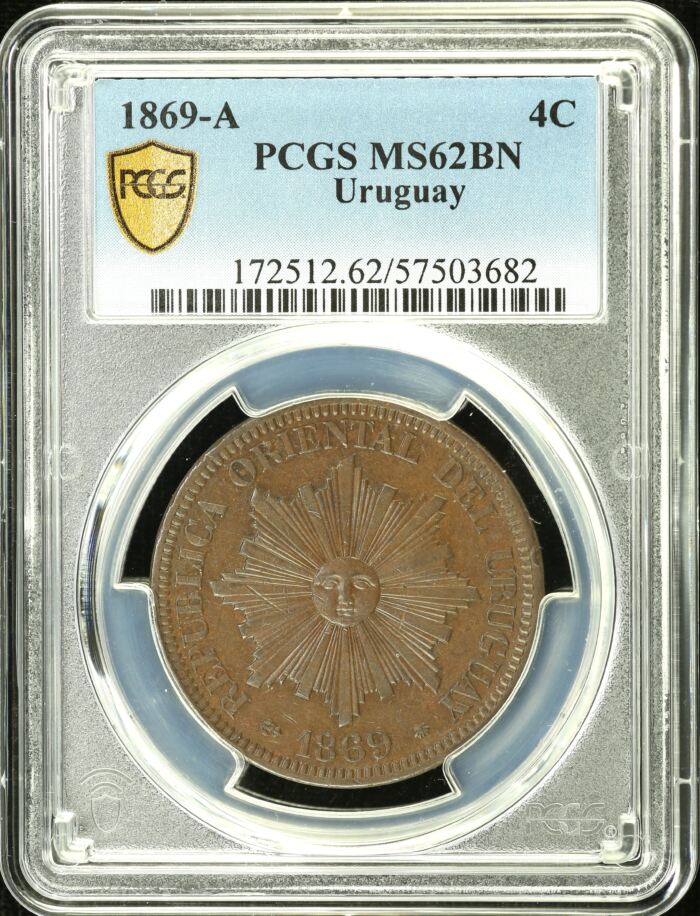 Uruguay 4 Centesimos 1869 A PCGS MS62BN 0153712Uruguay 4 Centesimos 1869 A PCGS MS62BN 0153712
