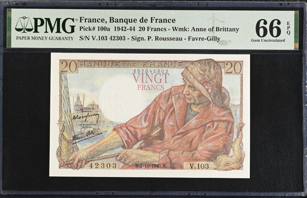 France 20 Francs 1943 Pick #100a PMG Gem UNC66 EPQ 0154726