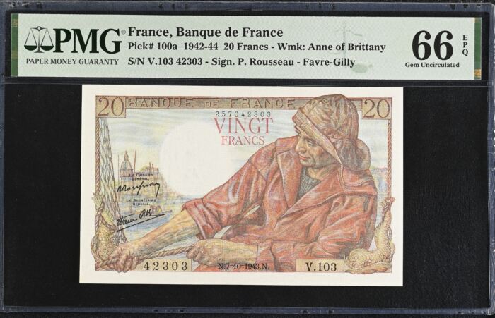 France 20 Francs 1943 Pick #100a PMG Gem UNC66 EPQ 0154726France 20 Francs 1943 Pick #100a PMG Gem UNC66 EPQ 0154726