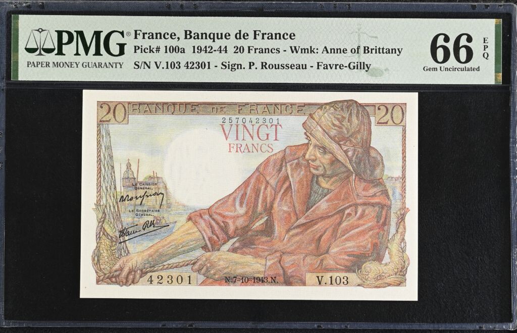 France 20 Francs 1943 Pick #100a PMG Gem UNC66 EPQ 0154724