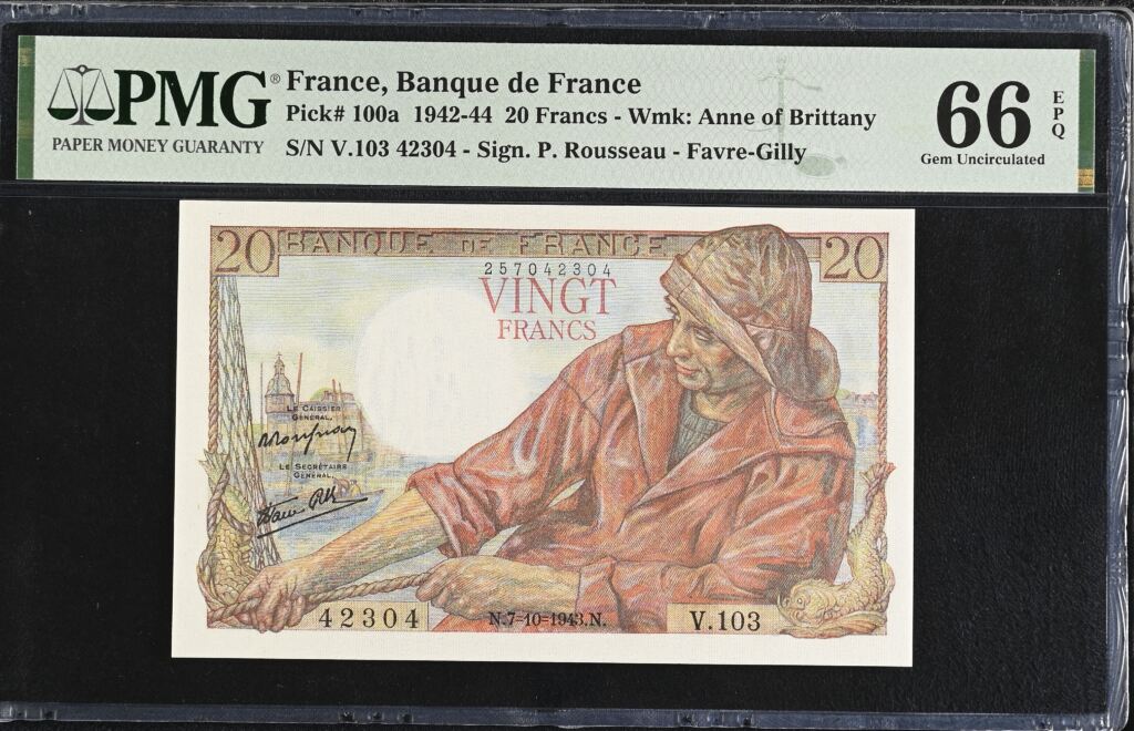 France 20 Francs 1943 Pick #100a PMG Gem UNC66 EPQ 0154727