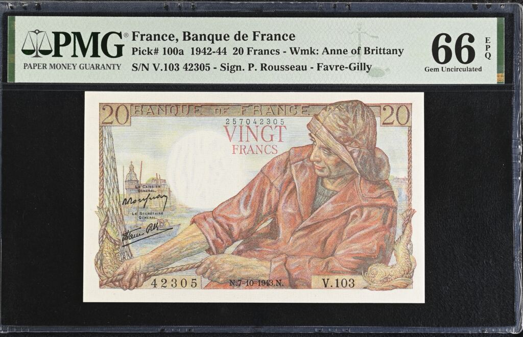 France 20 Francs 1943 Pick #100a PMG Gem UNC66 EPQ 0154728