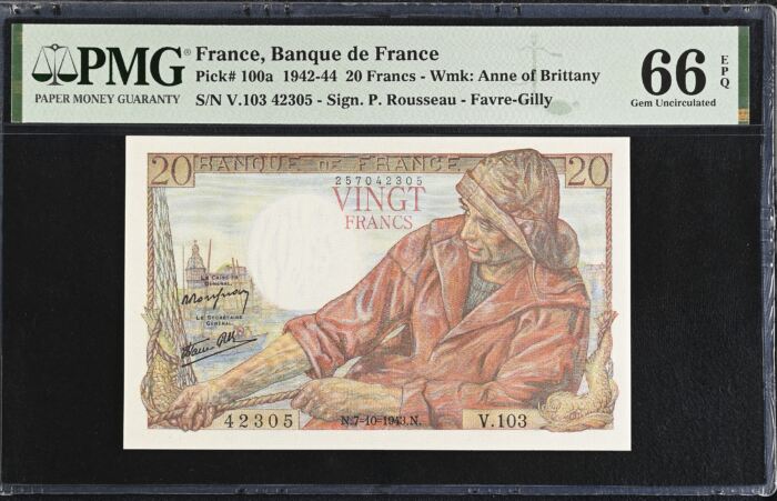 France 20 Francs 1943 Pick #100a PMG Gem UNC66 EPQ 0154728France 20 Francs 1943 Pick #100a PMG Gem UNC66 EPQ 0154728