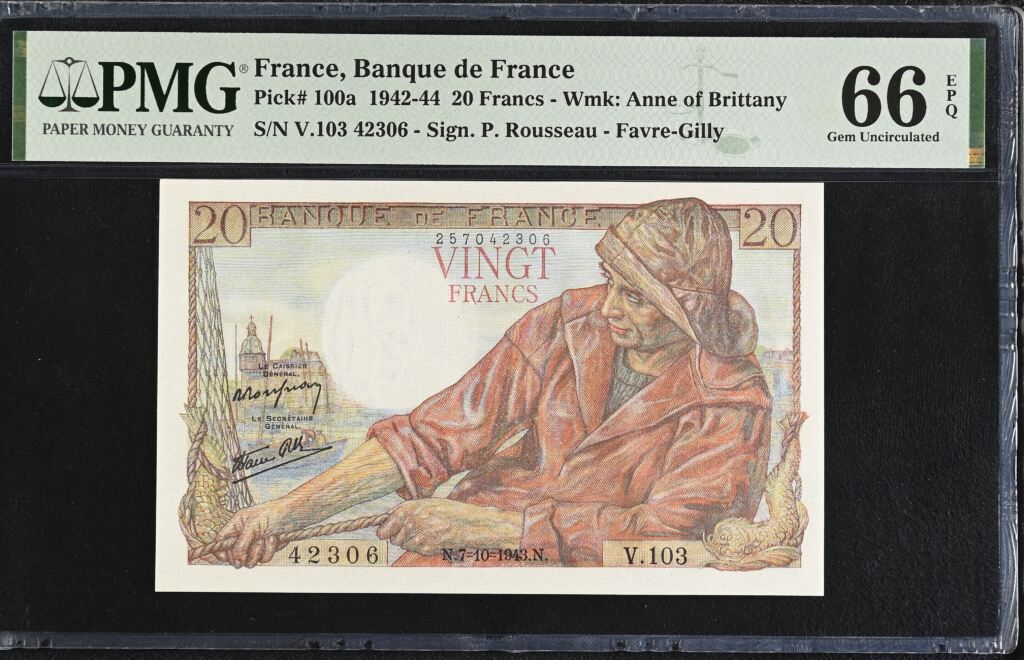 France 20 Francs 1943 Pick #100a PMG Gem UNC66 EPQ 0154729