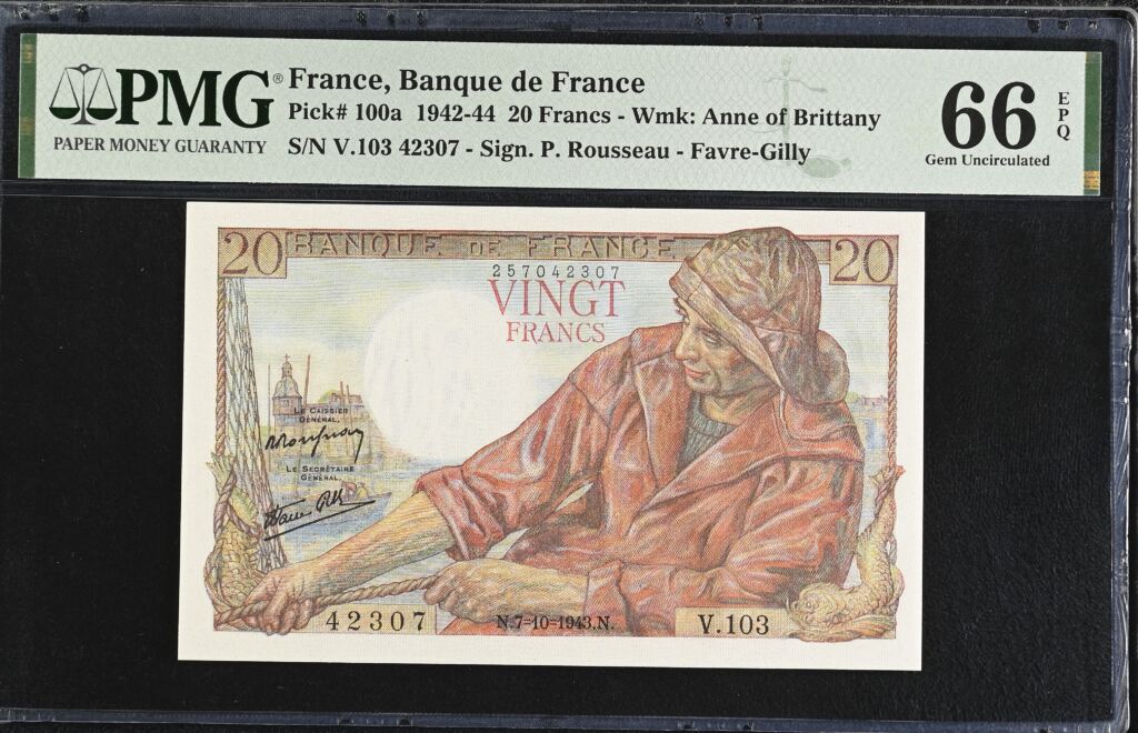 France 20 Francs 1943 Pick #100a PMG Gem UNC66 EPQ 0154730