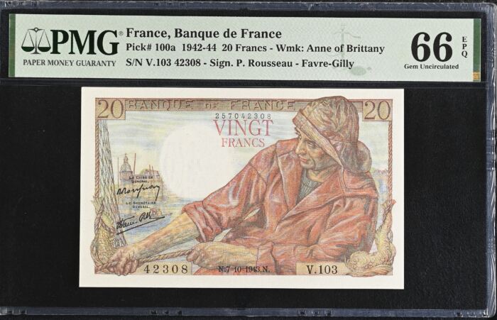 France 20 Francs 1943 Pick #100a PMG Gem UNC66 EPQ 0154731France 20 Francs 1943 Pick #100a PMG Gem UNC66 EPQ 0154731