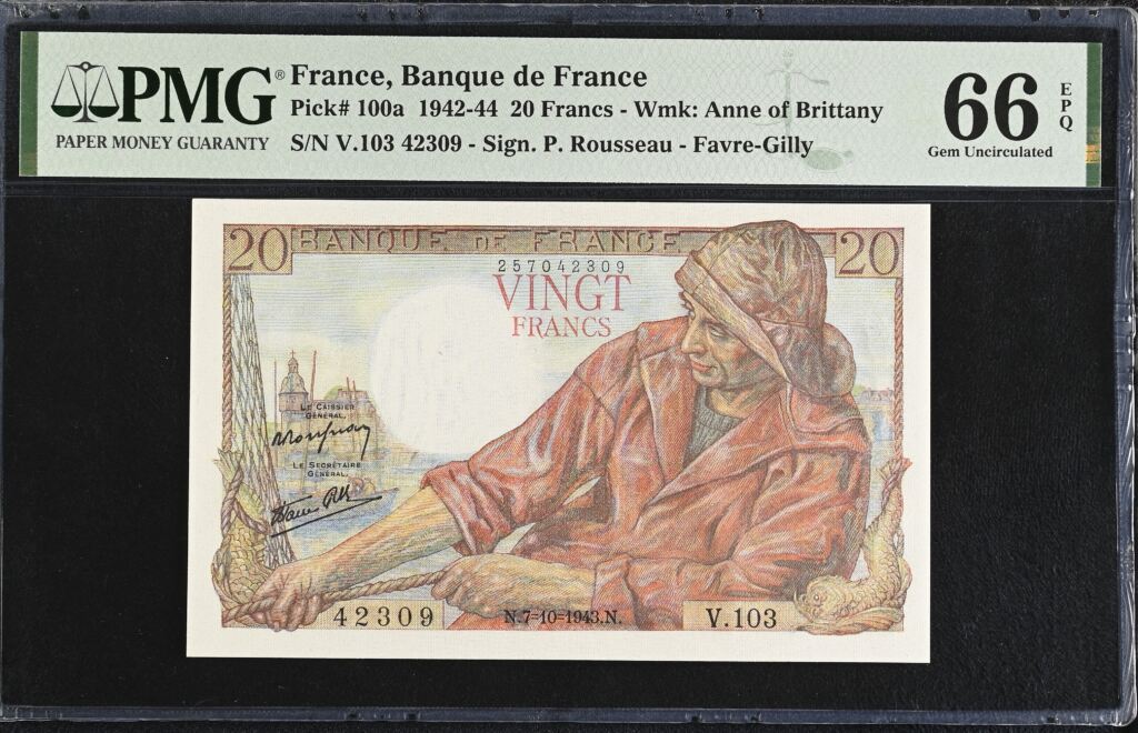 France 20 Francs 1943 Pick #100a PMG Gem UNC66 EPQ 0154732