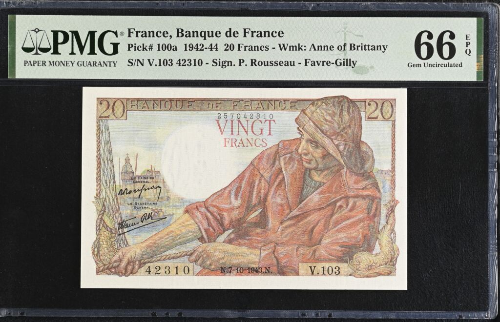 France 20 Francs 1943 Pick #100a PMG Gem UNC66 EPQ 0154733