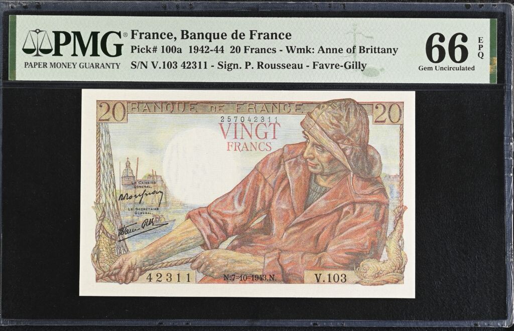 France 20 Francs 1943 Pick #100a PMG Gem UNC66 EPQ 0154734