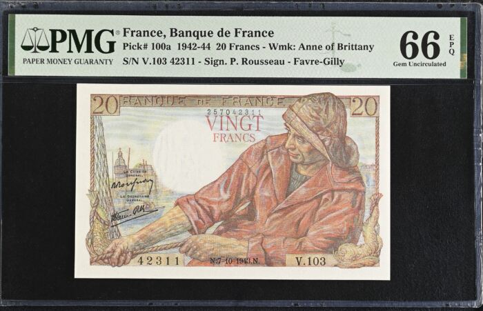 France 20 Francs 1943 Pick #100a PMG Gem UNC66 EPQ 0154734France 20 Francs 1943 Pick #100a PMG Gem UNC66 EPQ 0154734