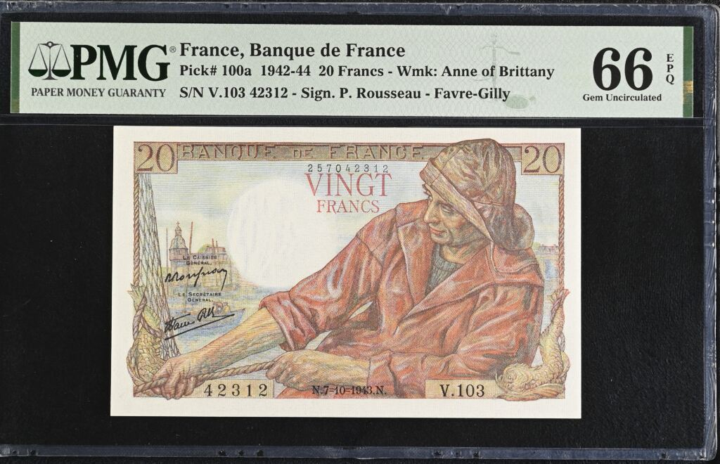 France 20 Francs 1943 Pick #100a PMG Gem UNC66 EPQ 0154735