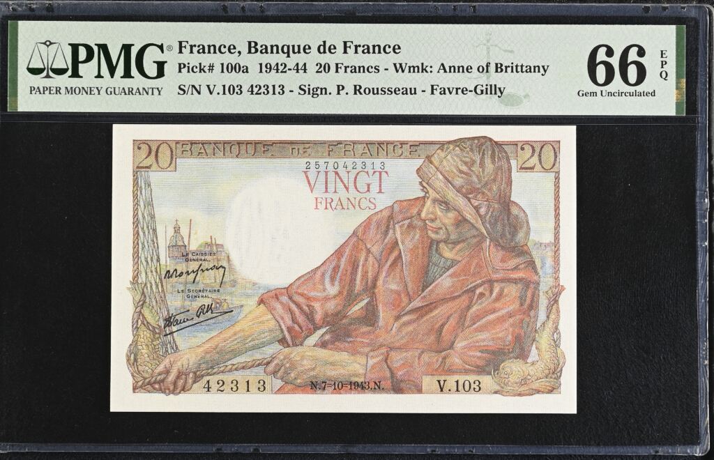 France 20 Francs 1943 Pick #100a PMG Gem UNC66 EPQ 0154736