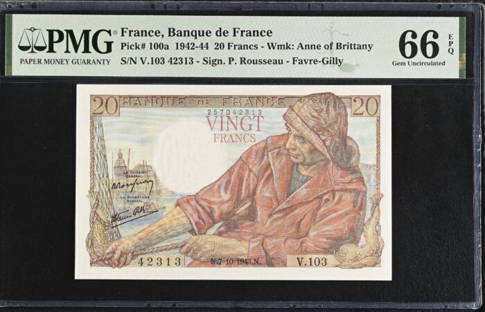 France 20 Francs 1943 Pick #100a PMG Gem UNC66 EPQ 0154736France 20 Francs 1943 Pick #100a PMG Gem UNC66 EPQ 0154736