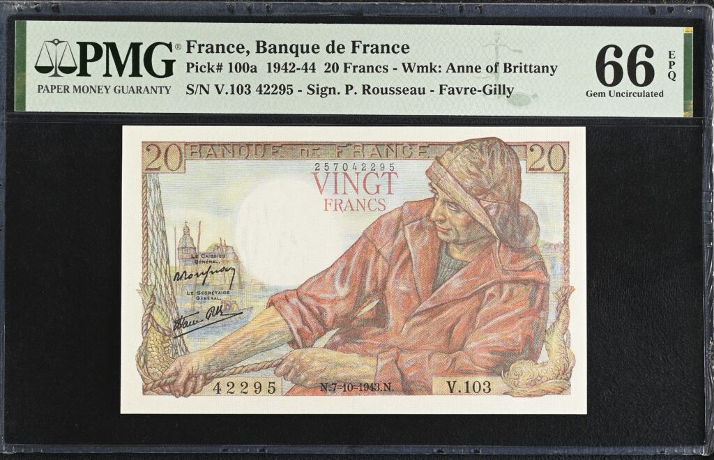France 20 Francs 1943 Pick #100a PMG Gem UNC66 EPQ 0154737