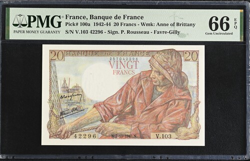 France 20 Francs 1943 Pick #100a PMG Gem UNC66 EPQ 0154738