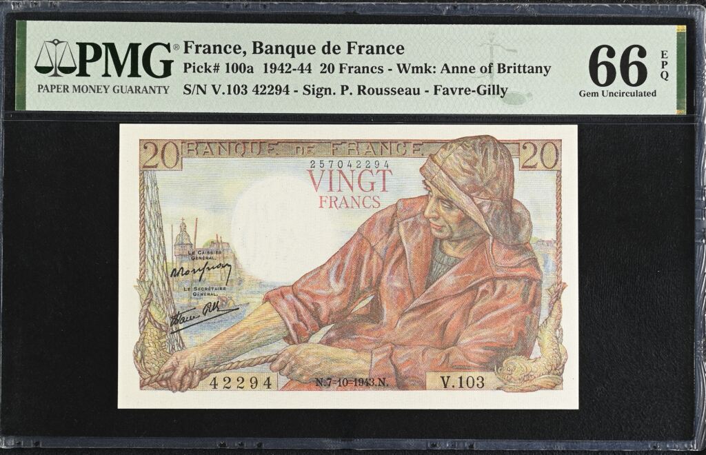 France 20 Francs 1943 Pick #100a PMG Gem UNC66 EPQ 0154739