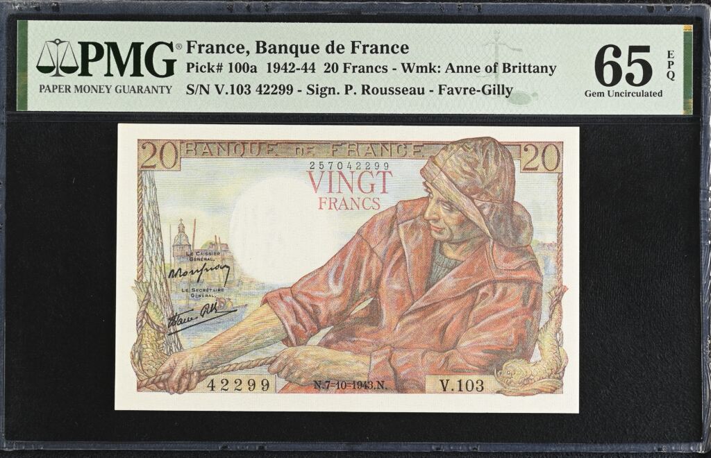 France 20 Francs 1943 Pick #100a PMG Gem UNC65 EPQ 0154740