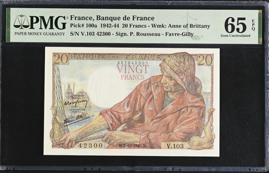France 20 Francs 1943 Pick #100a PMG Gem UNC65 EPQ 0154741