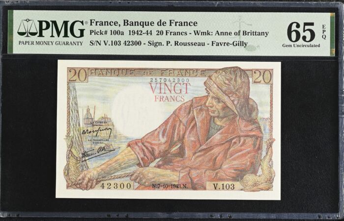France 20 Francs 1943 Pick #100a PMG Gem UNC65 EPQ 0154741France 20 Francs 1943 Pick #100a PMG Gem UNC65 EPQ 0154741