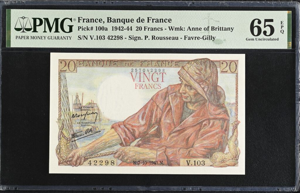 France 20 Francs 1943 Pick #100a PMG Gem UNC65 EPQ 0154742
