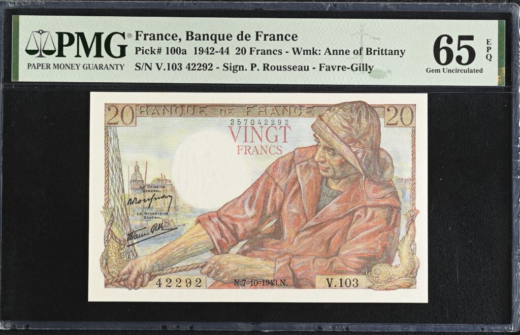 France 20 Francs 1943 Pick #100a PMG Gem UNC65 EPQ 0154744
